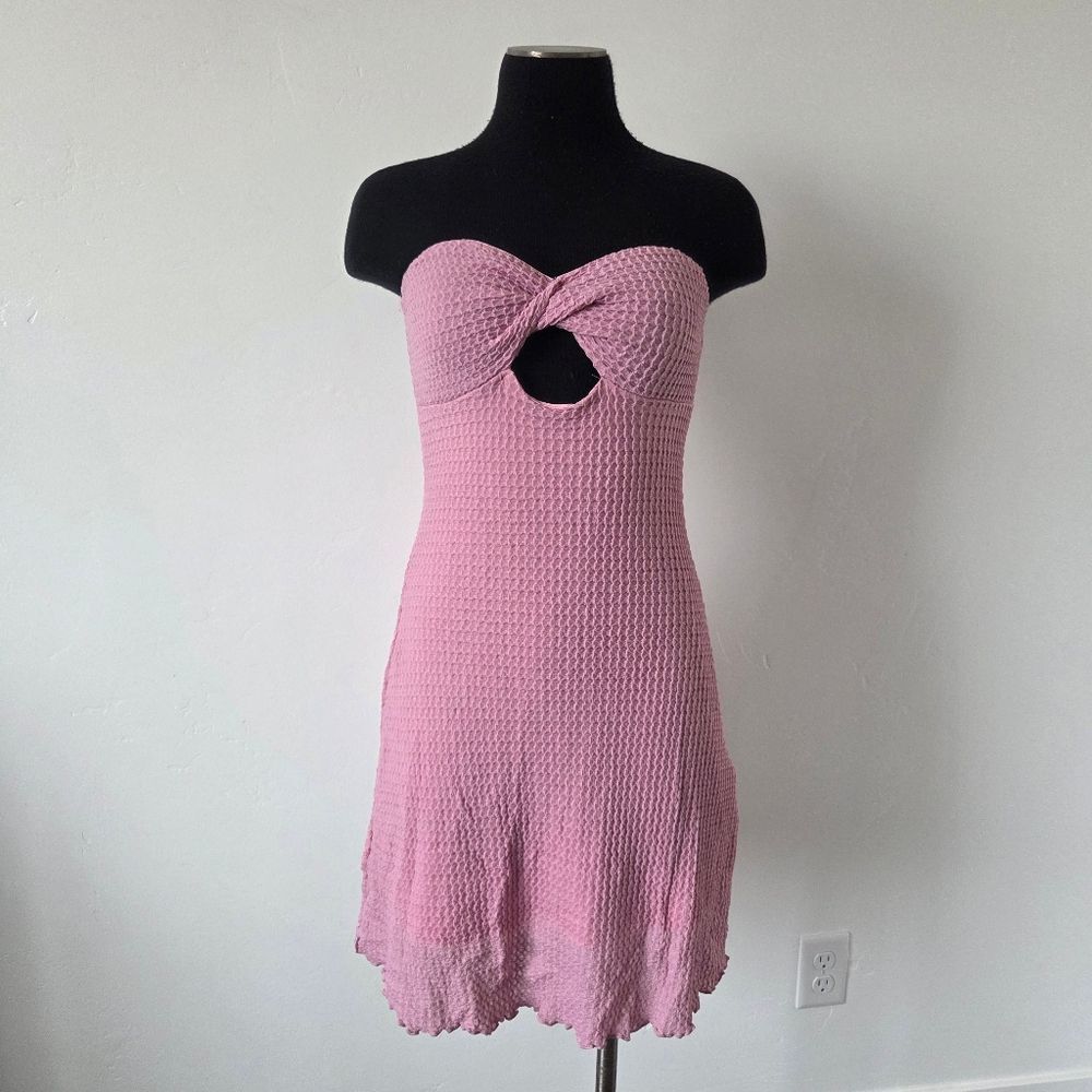 Pink Waffle Knit Strapless Mini Dress Surf Beach Poolside Cruise Vacation Small